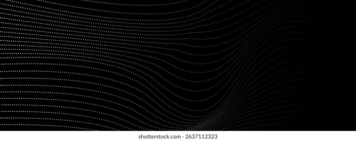 Flowing dots particles wave pattern halftone gradient curve shape isolated on white background