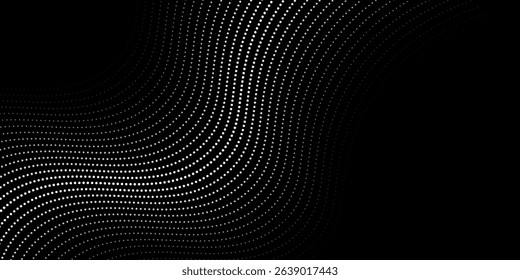 Flowing dots particles wave pattern halftone gradient curve shape isolated on white background. Vector in concept of technology, science, music