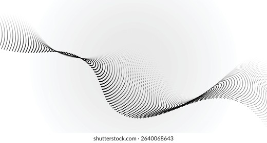 Flowing dots particles wave pattern halftone gradient curve shape isolated on white background. Vector in concept of technology, science, music, arts background dot