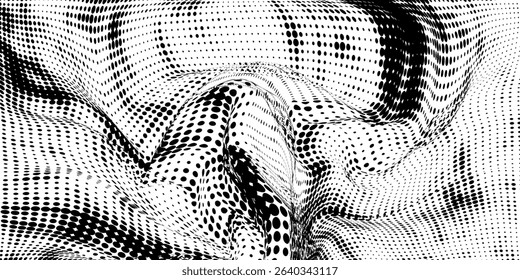 Flowing dots particles wave pattern halftone gradient curve shape isolated on white background. Vector in concept of technology, science, music, vector illustration.