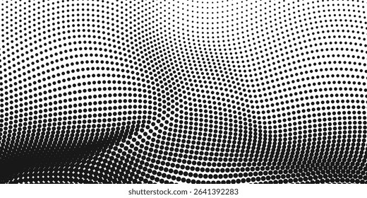 Flowing dots particles wave pattern halftone gradient curve shape isolated on white background. Vector in concept of technology, science, music modern