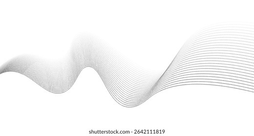 Flowing dots particles wave pattern 3D curve halftone black gradient curve shape isolated on white background. Vector in concept of technology, science, music, modern vector wave