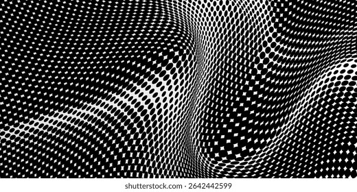 Flowing dots particles wave pattern 3D curve halftone black gradient curve shape isolated on white background. Vector in concept of technology, science, music, modern vector wave
