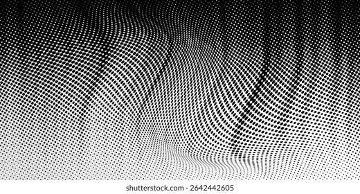 Flowing dots particles wave pattern 3D curve halftone black gradient curve shape isolated on white background. Vector in concept of technology, science, music