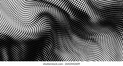 Flowing dots particles wave pattern 3D curve halftone black gradient curve shape isolated on white background. Vector in concept of technology, science, music