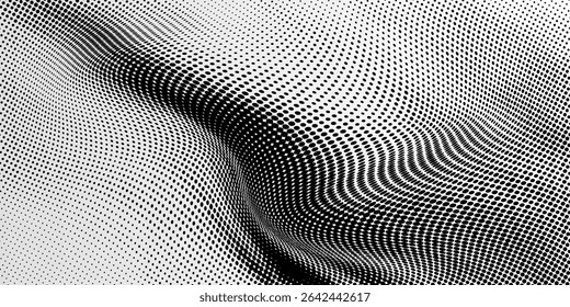 Flowing dots particles wave pattern 3D curve halftone black gradient curve shape isolated on white background. Vector in concept of technology, science, music
