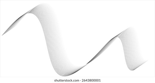 Flowing dots particles wave pattern halftone gradient curve shape isolated on white background.