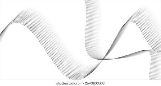 Flowing dots particles wave pattern halftone gradient curve shape isolated on white background.