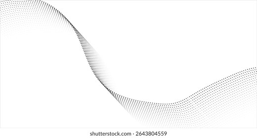 Flowing dots particles wave pattern halftone gradient curve shape isolated on white background.