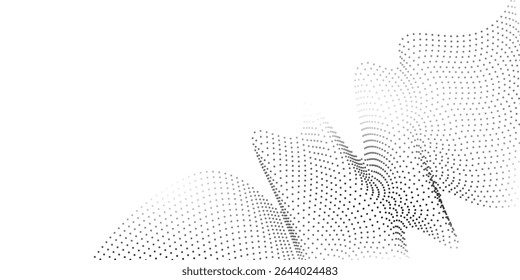 Flowing dots particles wave pattern 3D curve halftone black gradient curve shape isolated on white background. Simple in concept wave classic art good