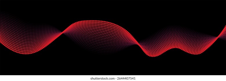 Flowing dots particles wave pattern red isolated on black background. Vector in concept of technology, science, music, modern.