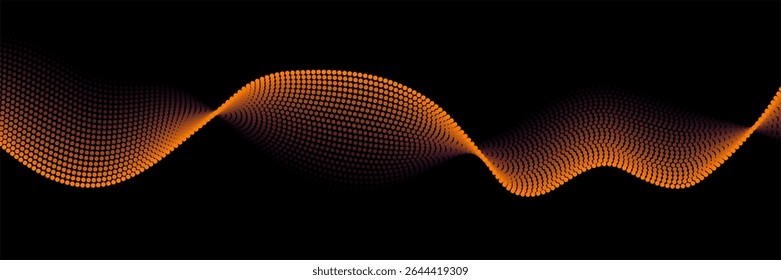 Flowing dots particles wave pattern orange isolated on black background. Vector in concept of technology, science, music, modern.