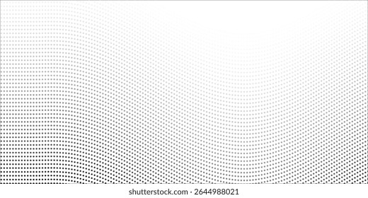 Flowing dots particles wave pattern 3D curve halftone black gradient curve shape isolated on white background. Vector in concept of technology, science, music, modern wave classic