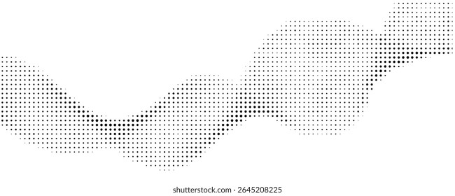 Pontos fluindo partículas padrão de onda 3D curva de meio-tom preto gradiente forma de curva isolada em fundo branco. Vetor em conceito de tecnologia, ciência, música, onda vetorial moderna	
