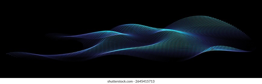 Flowing dots particles wave pattern 3D curve halftone blue green gradient curve shape isolated on black background. Vector in concept of technology, science, music, modern.