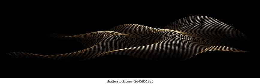 Flowing dots particles wave pattern 3D curve halftone gold gradient curve shape isolated on black background. Vector in concept of technology, science, music, modern, luxury