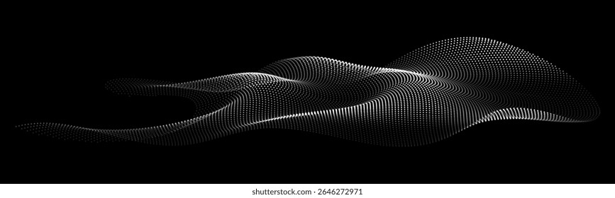 Flowing dots particles wave pattern 3D curve halftone white grey gradient curve shape isolated on black background. Vector in concept of technology, science, music, modern.