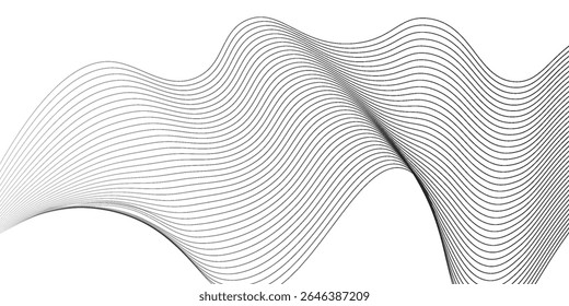 Flowing dots particles wave pattern 3D curve halftone black gradient curve shape isolated on white background art. Vector in concept of technology  science  music wave