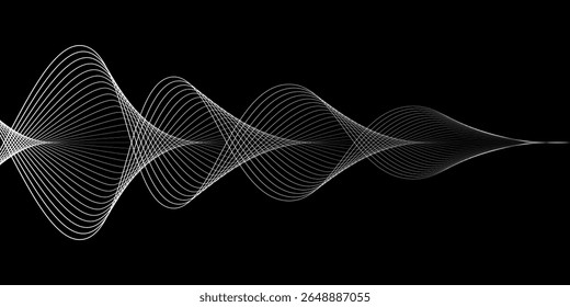 Flowing dots particles wave pattern 3D curve halftone white curve shape isolated on black background. Vector in concept of technology, science, music, modern.