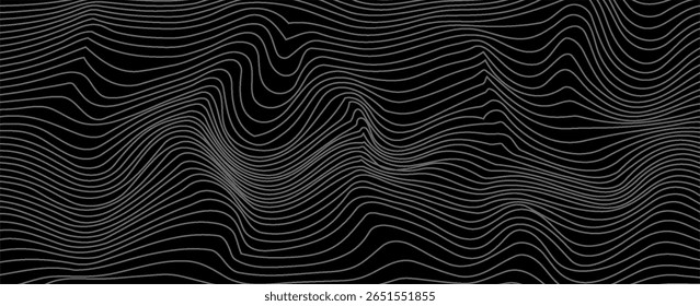 Flowing dots particles wave pattern 3D curve halftone black gradient curve shape isolated on white background. Vector in concept of technology, science, music, modern.