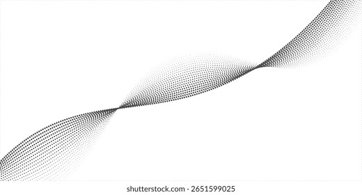 Flowing dots particles wave pattern 3D curve halftone black gradient curve shape isolated on white background. Vector in concept of technology, science, music, modern vector wave
