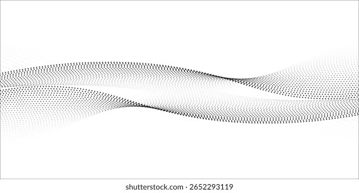 Flowing dots particles, wave pattern, halftone gradient, white background with science technology.