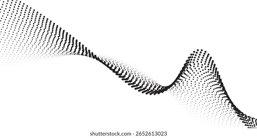 Flowing dots particles wave pattern 3D curve halftone black gradient curve shape isolated on white background. Vector in concept of technology, science, music, modern vector wave expert mode