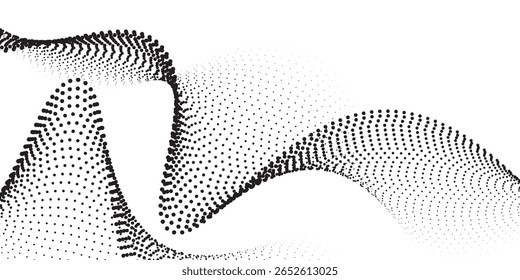 Flowing dots particles wave pattern 3D curve halftone black gradient curve shape isolated on white background. Vector in concept of technology, science, music, modern vector wave expert mode