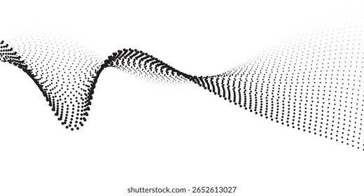 Flowing dots particles wave pattern 3D curve halftone black gradient curve shape isolated on white background. Vector in concept of technology, science, music, modern vector wave expert mode