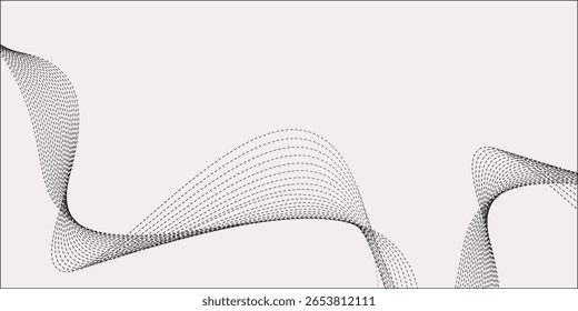 Flowing dots particles wave pattern 3D curve halftone black gradient curve shape isolated on white background. Vector in concept of technology, modern art type2