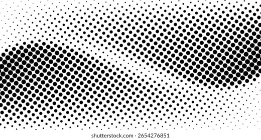 Flowing dots particles wave pattern halftone gradient curve shape isolated on white background. Vector in concept of technology, science, music