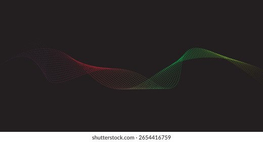 Flowing dots particles wave pattern 3D curve halftone black gradient curve shape isolated on black background. Vector in concept of technology, science, music, modern vector wave blue, green, red