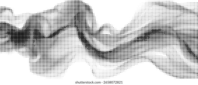 Flowing dots particles wave pattern halftone gradient curve shape isolated on white background. Vector in concept of technology, science, music, modern.