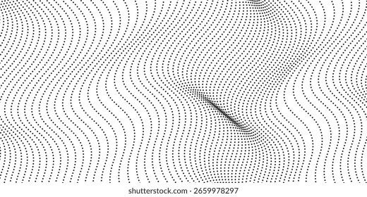 Flowing dots particles wave pattern 3D curve halftone black gradient curve shape isolated on white background. Vector in concept of technology, science, music, modern wave classic