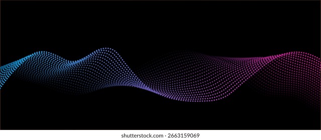 Flowing dots particles wave pattern pink and blue isolated on black, background. Vector in concept of technology, science, music, modern. eps 10