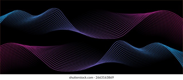 Flowing dots particles wave pattern pink and blue isolated on black, background. Vector in concept of technology, science, music, modern. vector