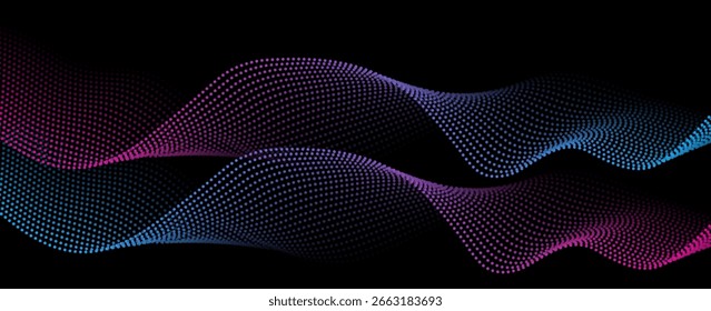 Flowing dots particles wave pattern pink and blue isolated on black, background. Vector in concept of technology, science, music, modern.