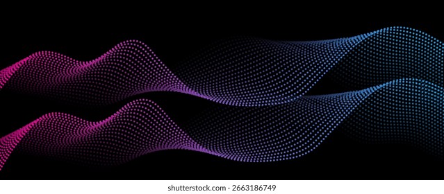 Flowing dots particles wave pattern pink and blue isolated on black, background. Vector in concept of technology, science, music, modern. EPS10
