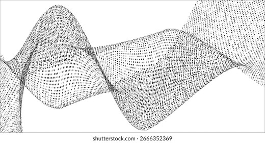 Flowing dots particles wave pattern halftone black gradient curve shape isolated on white background. Vector in concept of technology, science, music, modern.