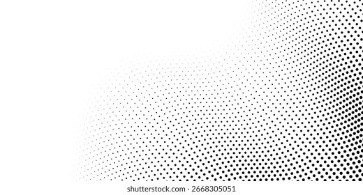 Flowing dots particles wave pattern 3D curve halftone black gradient curve shape isolated on white background. Vector in concept of technology, science, music