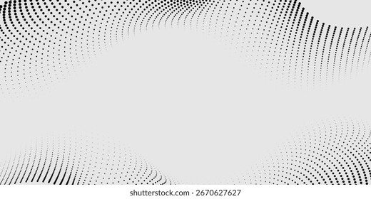 Flowing dots particles wave pattern 3D curve halftone black gradient curve shape isolated on white background. Vector in concept of technology, science, music best seller background