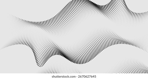 Flowing dots particles wave pattern 3D curve halftone black gradient curve shape isolated on white background. Vector in concept of technology, science, music best seller background