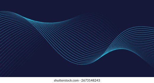 Flowing dots particles wave pattern in blue green colors. Vector curve light line. Abstract background banner design for music, Ai technology, neural network concept
