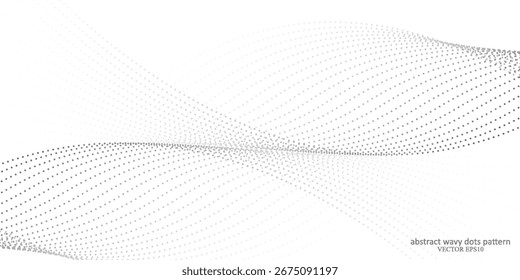 Flowing dots particles wave pattern halftone gradient curve shape isolated on white background. Vector in concept of technology, science, music, modern.