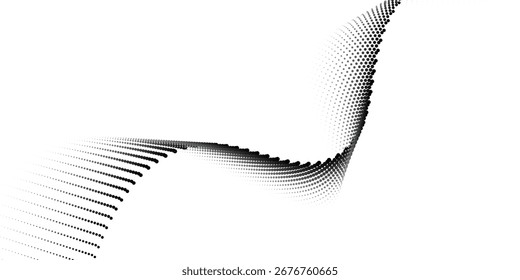 Pontos fluindo partículas padrão de onda 3D curva de meio-tom preto gradiente forma de curva isolada em fundo branco. Vetor em conceito de tecnologia, conceito de tecnologia futurista moderno