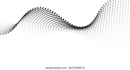 Flowing dots particles wave pattern 3D curve halftone black gradient curve shape isolated on white background. Vector in concept of technology, Futuristic technology concept modern