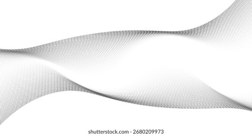 Flowing dots particles wave pattern halftone gradient curve shape isolated on white background. Vector in concept of technology, science, music, modern.