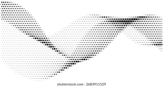Flowing dots particles wave pattern halftone gradient curve shape isolated on white background. Vector in concept of technology, science, music, 