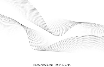 Flowing dots particles wave pattern halftone gradient curve shape isolated on white background. Vector in concept of technology, science, music, modern.