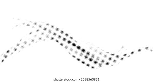 Pontos fluindo partículas padrão de onda 3D curva de meio-tom preto gradiente forma de curva isolada em fundo branco. Vetor em conceito de tecnologia, ciência, música, moderno	
